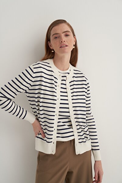EBU Prive Women's Viscose Knit T-Shirt Cardigan Set, Navy Blue Striped
