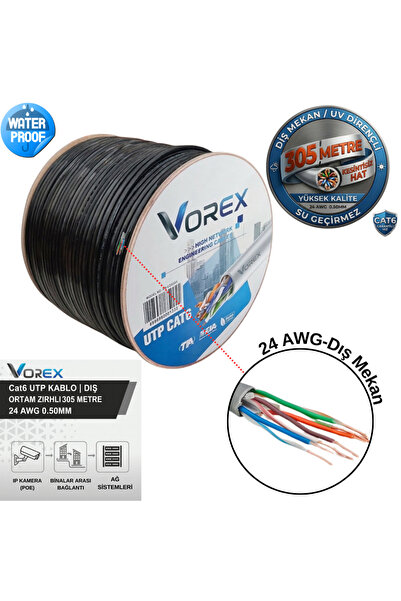 VOREX Cat6 UTP 305 Metre Zırhlı Dış Ortam Ethernet Ağ Kablosu - 24 AWG 0.50mm...