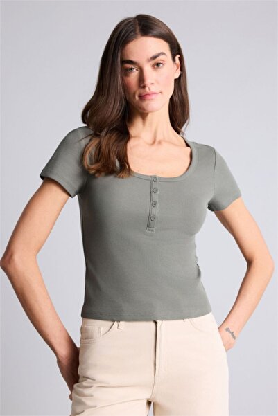 DeFacto Κανονική Εφαρμογή Βασικό κοτλέ πλέξη ριμπ Μπλουζάκι H2034AX26SM