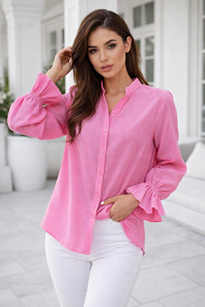 Rich Women's Wrinkled Fabric Oversized Shirt with Elastic Sleeves