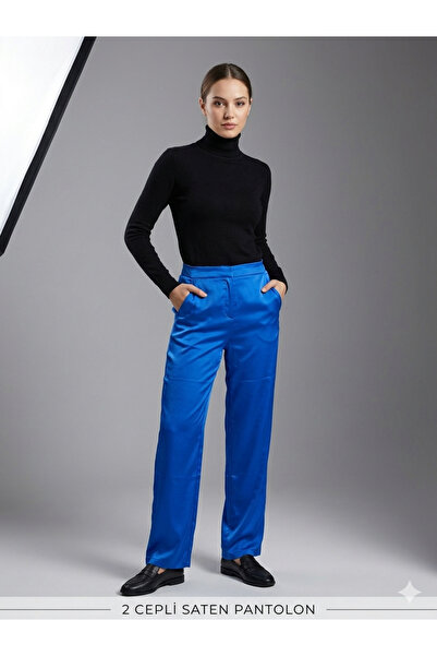 Kutaf Women's High Waist Satin Trousers 2 Pocketed Relaxed Fit Stylish Casual...