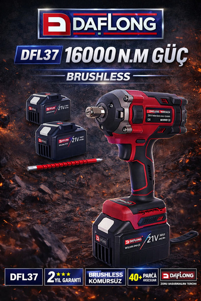 DAFLONG 21V PROFESYONEL 15 PİLLİ KÖMÜRSÜZ 1/2 1600NM TORKLU SOMUN SIKMA MAKİNASI -DFL-37E