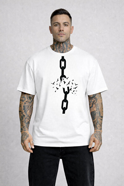 VODEXA Tricou oversize pentru bărbați, cu imprimeu CHAIN, 100% bumbac, croial...