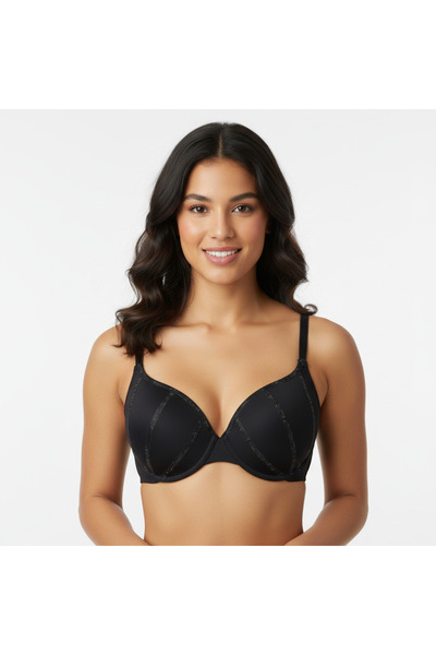 BONBON Women's Stone Printed Non-Padded Black Color Bra with Attached Straps ...