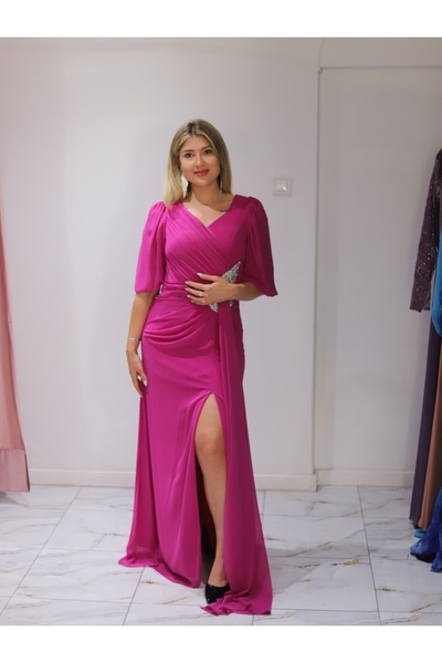 Angy Fashion Long fuchsia dress with puff sleeves and shiny detailing Size: 42