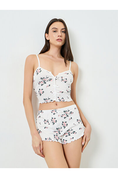 Styli White Floral Print Lettuce Edge Cami and Shorts Set
