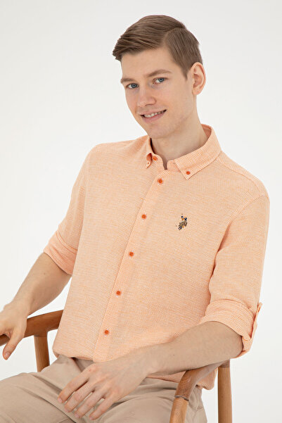 U.S. Polo Assn. Men's Shirt in Orange Made of Fine Texture with Colorful Logo