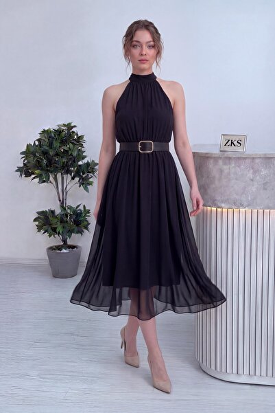 zks grup tekstil Women's Halter Neck Midi Length Belt Piece Dress Beige, Burg...