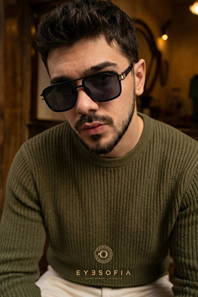 Eyesofia Vega Unisex Square Black Sunglasses with Gold Accessories and Ultra ...