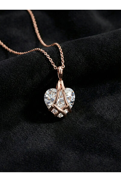 Roza Silver 925 Ayar Gümüş Rose Renk Zirkon Taşlı Kafes Kalp Arkadaşlık Kolyesi