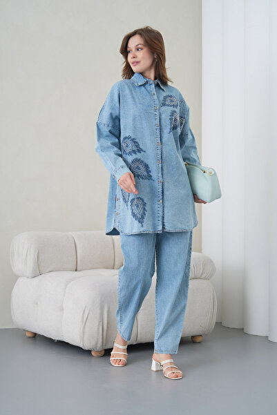 Miss Allos Women's Beaded Embroidery Wide Fit Long Denim Shirt and Denim Trou...