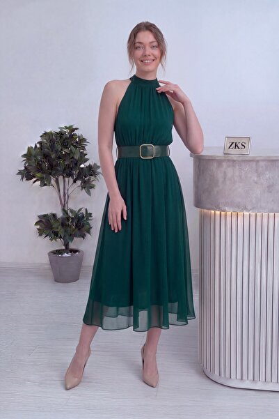 zks grup tekstil Women's Halter Neck Midi Length Belt Piece Dress Beige, Burg...