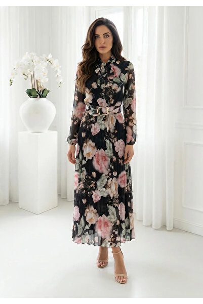 UniqueStore.ro Κομψό μαύρο μίντι φόρεμα με Με φλοράλ μοτίβο και Με πιέτες φού...