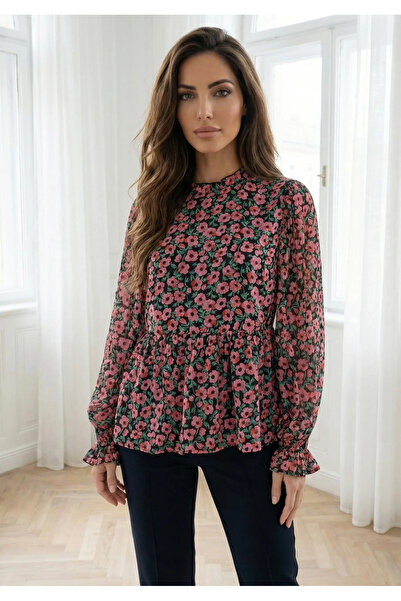 UniqueStore.ro Bluză elegantă cu volane și imprimeu floral roz