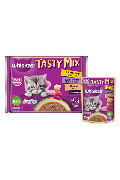 Whiskas طعام قطط رطب بنكهة الدجاج والتونة والبطاطس في مرق لذيذ، 4 × 70 غرام