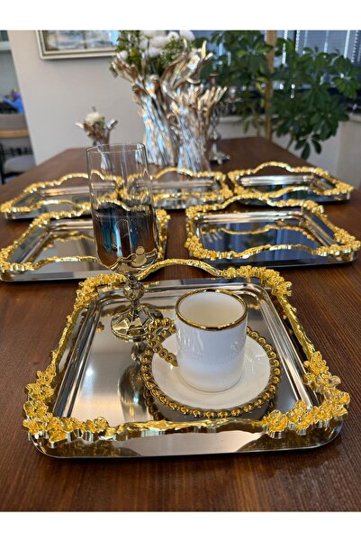 atabey home collection 2 Adet Gümüş Sunum Tepsisi Gold Kulplu Japon Gülü & Ka...