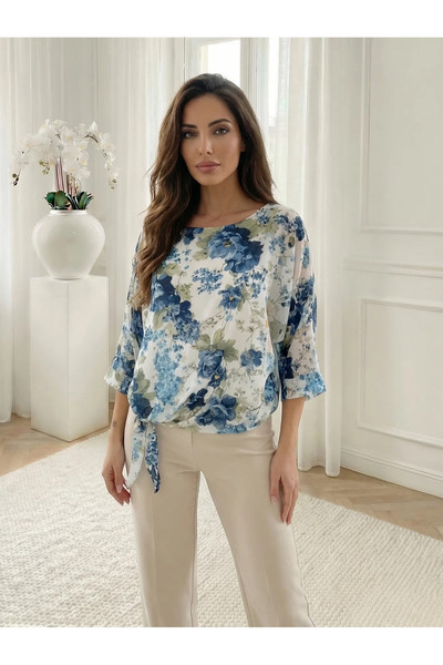 UniqueStore.ro Blue floral print blouse with side knot - Versatile