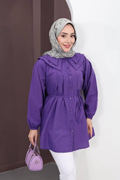 HİFADEN Women's Baby Collar Waist-Tied Buttoned Hijab Shirt