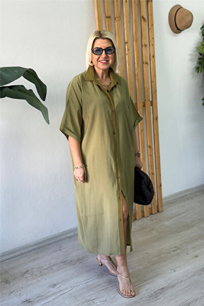 By Esra Celkan Khaki Double Color Tansel Shirt Dress