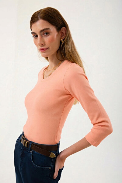 UNIQVIBE Organic Cotton Lu Salmon Color Corded Fabric Women's Long Sleeve V-N...