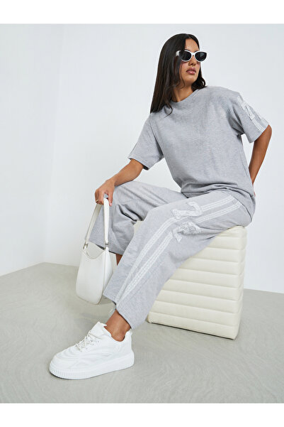 Styli Grey Lace Detail Wide Leg Joggers