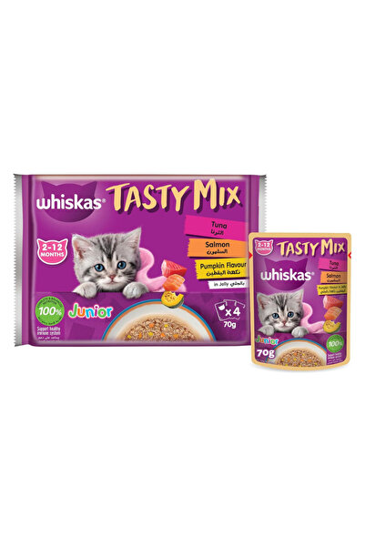 Whiskas طعام قطط رطب بنكهة التونة والسلمون واليقطين في الجيلي، 4 × 70 غرام