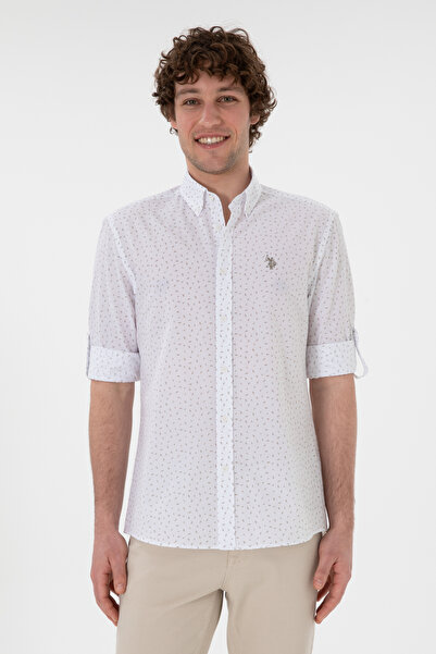 U.S. Polo Assn. Men's Shirt on White with Beige Abstract Patterned