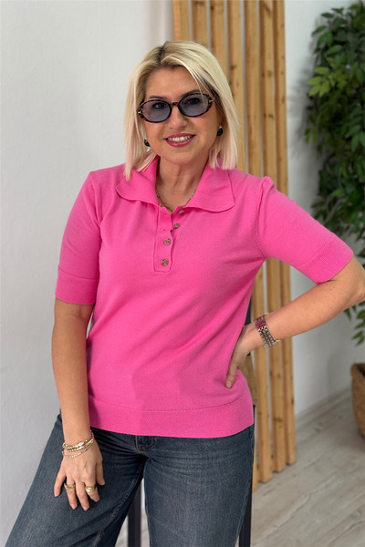 By Esra Celkan Pink Polo Collar Buttoned Short Sleeve Viscose Lycra Knitwear