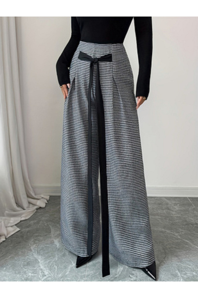 Take Two By Styli Houndstooth Wide Leg Trousers with Tie Waist