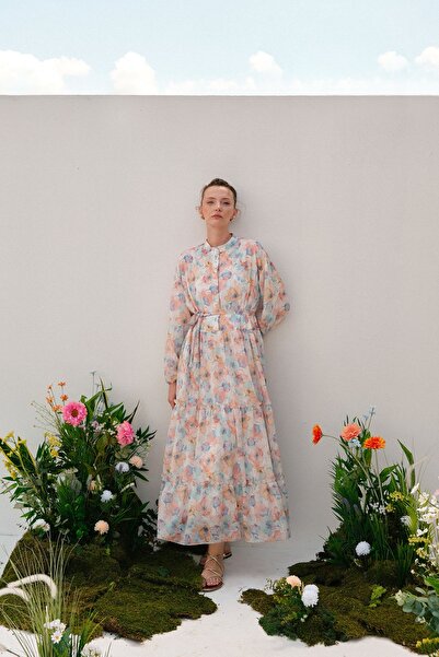 EBU Prive Rochie de damă din șifon cu încrețituri cu model floral colorat, st...