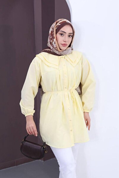 HİFADEN Women's Baby Collar Waist-Tied Buttoned Hijab Shirt
