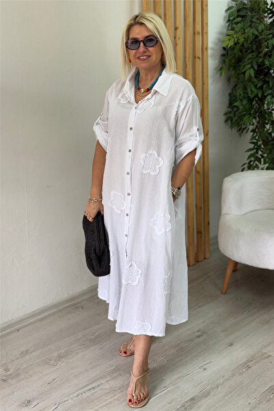 By Esra Celkan White Floral Embossed Imported P Cotton Shirt Dress