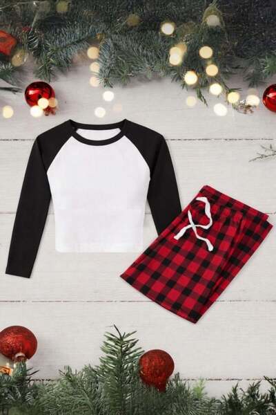 Köstebek White Raglan Cropped Black Sleeved Pajama Set