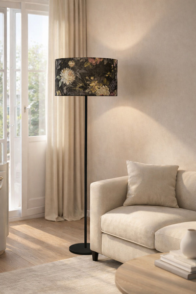 Natiorj Mor Çiçek Kadife Abajur Şapkalı Siyah Renkli Tek Ayaklı Lambader Salo...