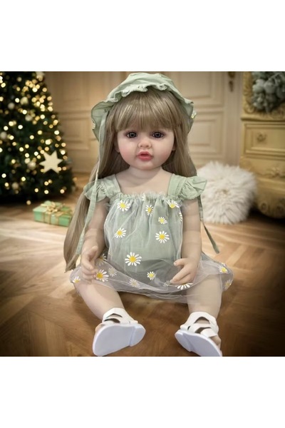 LunaDefano 55 cm (22 İnç) Uzun Sarı Saçlı Vinil Reborn Bebek Gerçekçi Oyuncak...