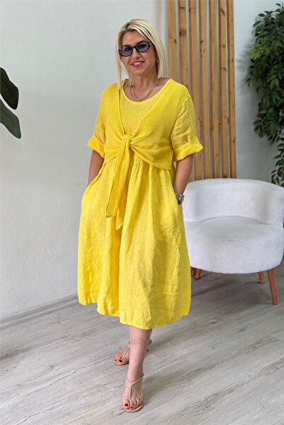 By Esra Celkan Yellow Mesh Tie-Detail Imported P Cotton K Linen Dress