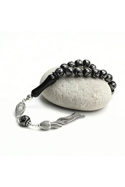 BlackCraft Oltu Stone Silver Dot Embroidered Rosary