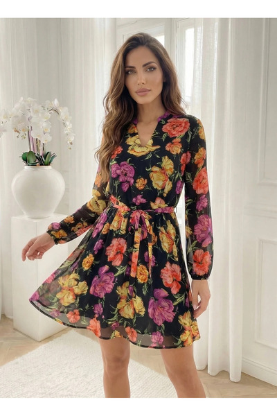 UniqueStore.ro Κοντό αέρινο φόρεμα με Με φλοράλ μοτίβο και δέσιμο στη μέση