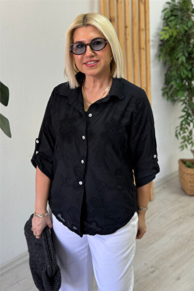 By Esra Celkan Black Embossed Eyelet Embroidery Pack Cotton Imported Shirts