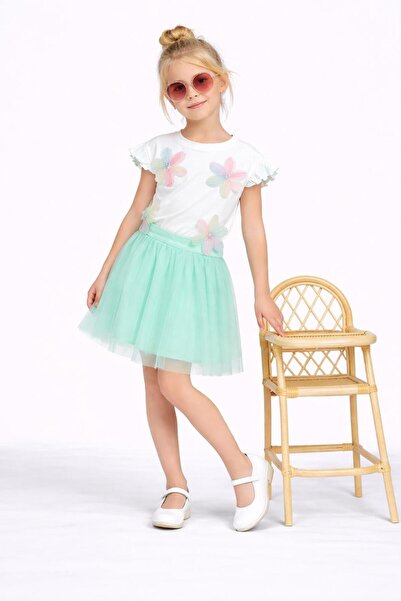 WİKİBOOM Set tricou cu aplicații florale și fustă pudră tul pentru fete – Com...