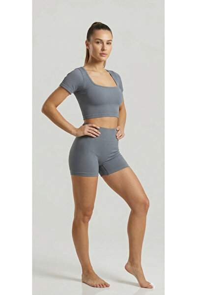 baim x Crop Seamless Fitilli Kare Yaka Crop Kısa Kollu