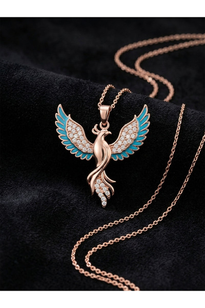 Roza Silver 925 Ayar Gümüş Zümrüdüanka Kuşu Kolye - Rose Gold Kaplama Turkuaz...