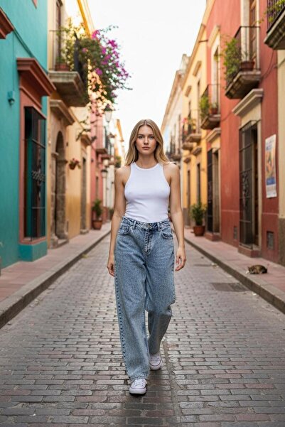 Melek Bebeğim Τζιν παντελόνι με φαρδιά μπατζάκια και κουμπωτές λεπτομέρειες