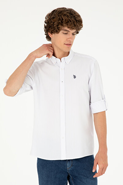 U.S. Polo Assn. Cămașă Bărbați Alb Cu Dungi Lila Și Logo Discret