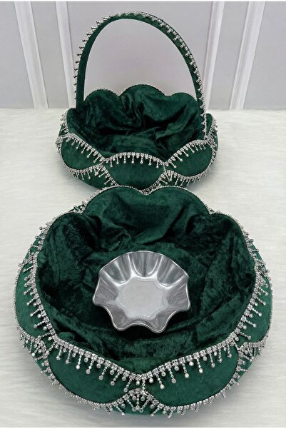 ZEYMERADE مجموعة سلة صينية الحناء الخضراء للعروس، مزينة بحجر فضي لامع، للخطوب...