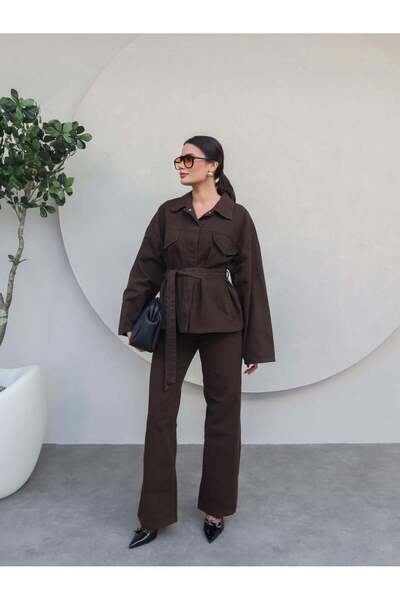 HARMONY GLOBAL Women's Denim Brown Belted Jacket Trousers– Oversized Shirt Ja...