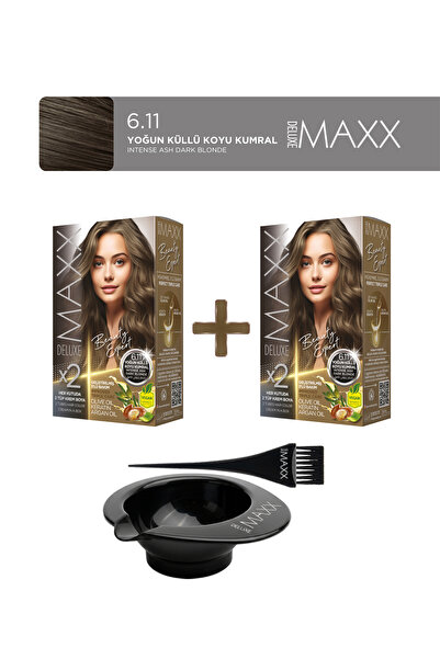 MAXX DELUXE 2'li Beauty Expert Set Boya 6.11 Yoğun Küllü Koyu Kumral, Boya Ta...