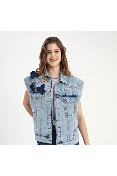 Veto Jeans Tasarım Taş Detaylı Kot Yelek