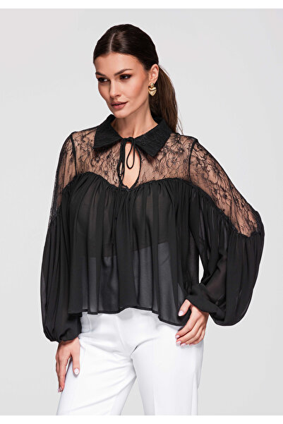 OMBRE Femei Bluză Dantelă Elegantă OW-TS-E0026 Negru