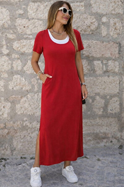 Kokosh moda Kadın Yırtmaç Detaylı Bisiklet Yaka İçi Atlet Görünümlü Viskon El...